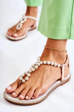 Modne Sandały Japonki Z Perłami Różowe Złoto Isalia