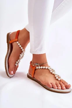 Modne Sandały Japonki Z Perłami Pomarańczowe Isalia