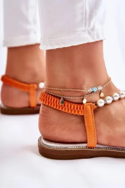 Modne Sandały Japonki Z Perłami Pomarańczowe Isalia