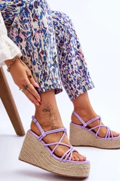 Modne Sandały Na Koturnie Z Plecionką Fioletowe Nessia