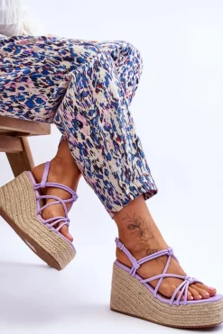 Modne Sandały Na Koturnie Z Plecionką Fioletowe Nessia