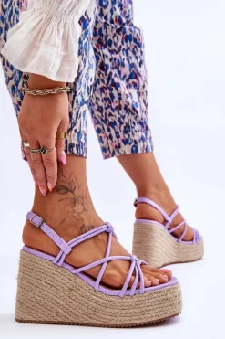 Modne Sandały Na Koturnie Z Plecionką Fioletowe Nessia