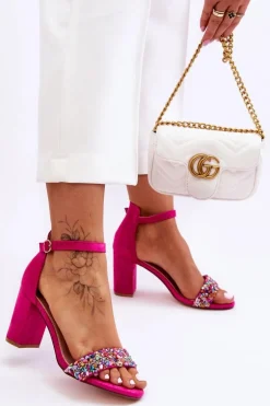 Modne Sandały Na Obcasie Z Ozdobnymi Kamieniami Fuksja Love Me