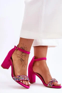 Modne Sandały Na Obcasie Z Ozdobnymi Kamieniami Fuksja Love Me