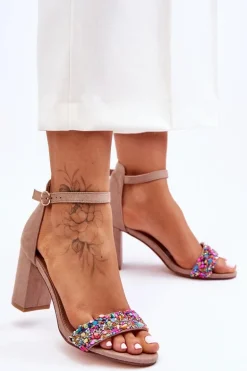 Modne Sandały Na Obcasie Z Ozdobnymi Kamieniami Beżowe Love Me