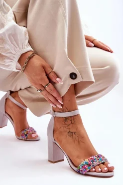 Modne Sandały Na Obcasie Z Ozdobnymi Kamieniami Szare Love Me