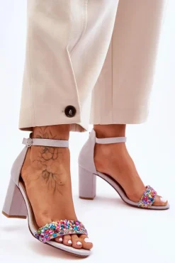 Modne Sandały Na Obcasie Z Ozdobnymi Kamieniami Szare Love Me