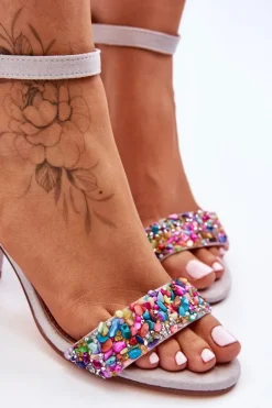 Modne Sandały Na Obcasie Z Ozdobnymi Kamieniami Szare Love Me