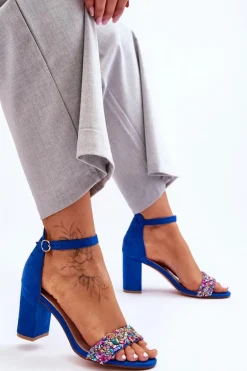 Modne Sandały Na Obcasie Z Ozdobnymi Kamieniami Niebieskie Love Me