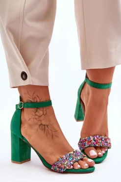Modne Sandały Na Obcasie Z Ozdobnymi Kamieniami Zielone Love Me