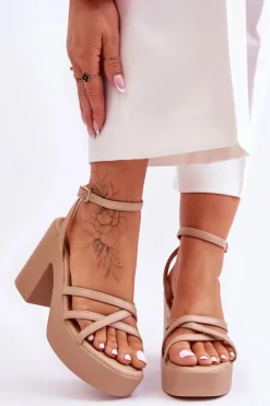 Modne Sandały Na Obcasie Z Paseczkami Beżowe Shemira