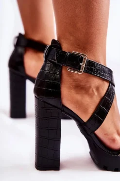 Modne Sandały Na Słupku Z Paskiem Wężowe Czarno-Białe Rammis