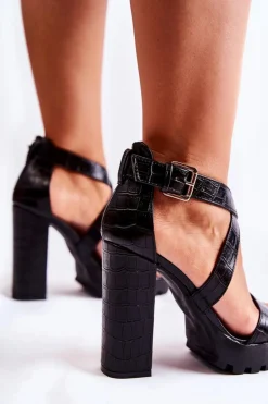 Modne Sandały Na Słupku Z Paskiem Wężowe Czarne Rammis