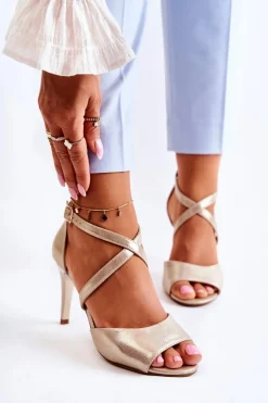 Modne Sandały Na Szpilce Błyszczące Złote Loressa