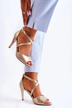 Modne Sandały Na Szpilce Błyszczące Złote Loressa