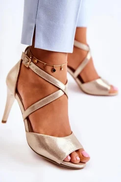 Modne Sandały Na Szpilce Błyszczące Złote Loressa