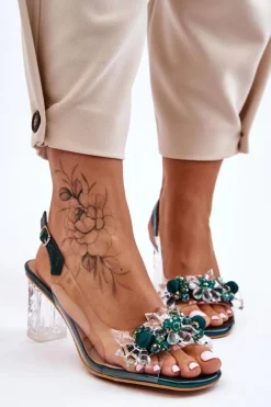Modne Sandały Z Koralikami Zielone Terrance