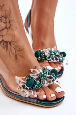 Modne Sandały Z Koralikami Zielone Terrance