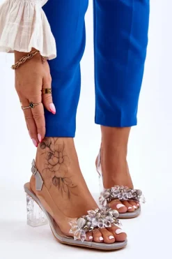 Modne Sandały Z Koralikami Szare Terrance