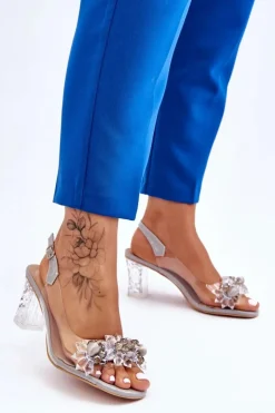 Modne Sandały Z Koralikami Szare Terrance