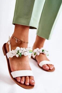 Modne Sandały Z Koralikami Białe Hally