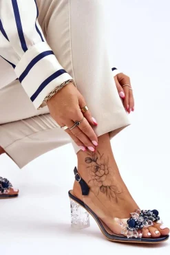 Modne Sandały Z Koralikami Granatowe Terrance