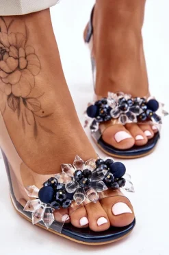 Modne Sandały Z Koralikami Granatowe Terrance