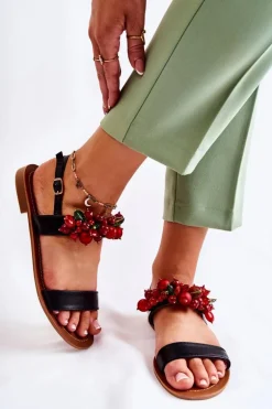 Modne Sandały Z Koralikami Czarne Hally