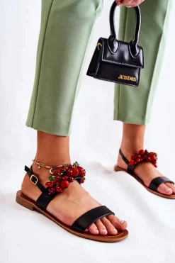 Modne Sandały Z Koralikami Czarne Hally