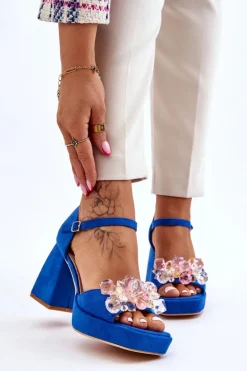 Modne Sandały Z Kryształami Na Masywnym Obcasie Niebieskie Garrett