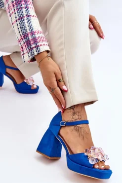 Modne Sandały Z Kryształami Na Masywnym Obcasie Niebieskie Garrett