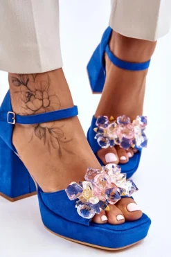 Modne Sandały Z Kryształami Na Masywnym Obcasie Niebieskie Garrett