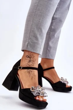 Modne Sandały Z Kryształami Na Masywnym Obcasie Czarne Garrett