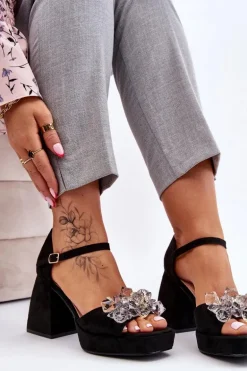 Modne Sandały Z Kryształami Na Masywnym Obcasie Czarne Garrett