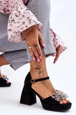 Modne Sandały Z Kryształami Na Masywnym Obcasie Czarne Garrett