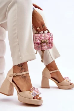 Modne Sandały Z Kryształami Na Masywnym Obcasie Beżowe Garrett