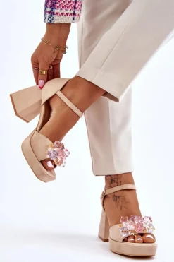 Modne Sandały Z Kryształami Na Masywnym Obcasie Beżowe Garrett