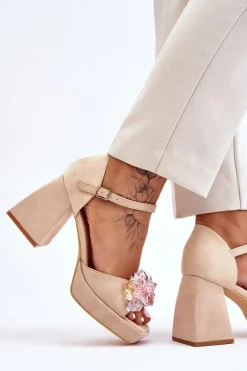 Modne Sandały Z Kryształami Na Masywnym Obcasie Beżowe Garrett