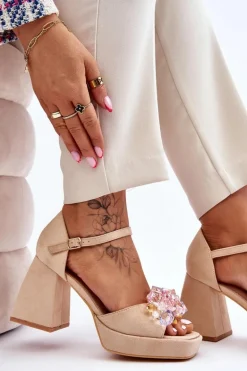 Modne Sandały Z Kryształami Na Masywnym Obcasie Beżowe Garrett