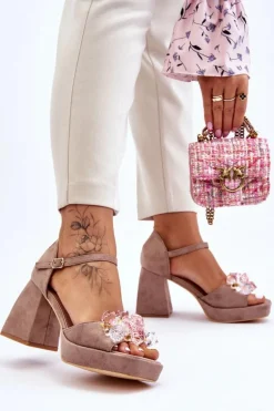 Modne Sandały Z Kryształami Na Masywnym Obcasie Ciemnobeżowe Garrett