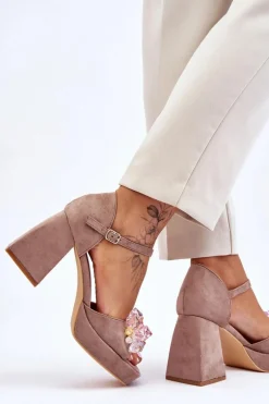 Modne Sandały Z Kryształami Na Masywnym Obcasie Ciemnobeżowe Garrett