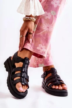 Modne Sandały Z Paskami Czarne Malien