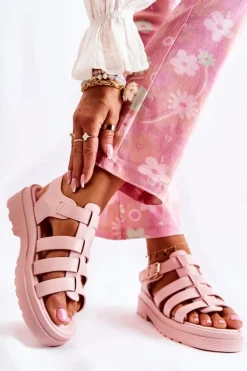 Modne Sandały Z Paskami Różowe Malien