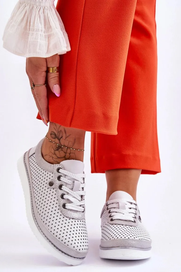 Modne Skórzane Ażurowe Buty Sportowe Biało-Srebrne Cantare