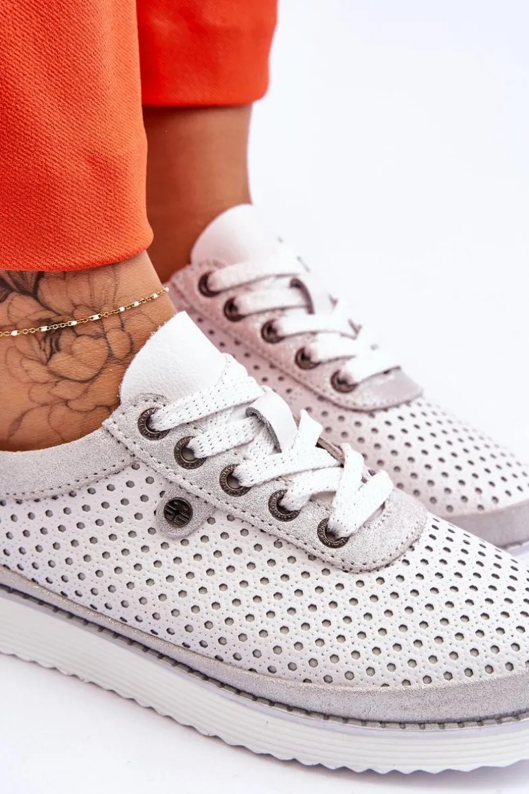 Modne Skórzane Ażurowe Buty Sportowe Biało-Srebrne Cantare