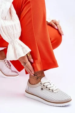 Modne Skórzane Ażurowe Buty Sportowe Biało-Złote Cantare