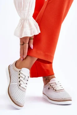 Modne Skórzane Ażurowe Buty Sportowe Biało-Złote Cantare