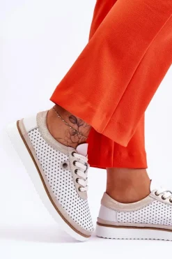 Modne Skórzane Ażurowe Buty Sportowe Biało-Złote Cantare