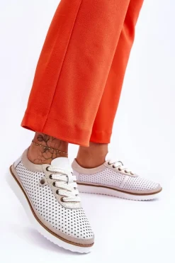 Modne Skórzane Ażurowe Buty Sportowe Biało-Złote Cantare