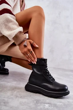 Modne Skórzane Botki Glany Czarne Casso